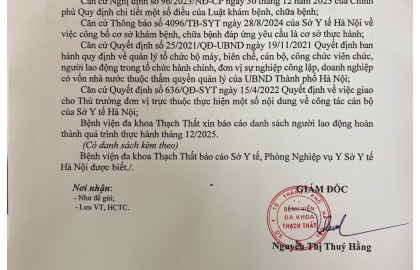 Thông báo người lao động hoàn thành quá trình thực hành tại Bệnh viện tháng 12 năm 2025